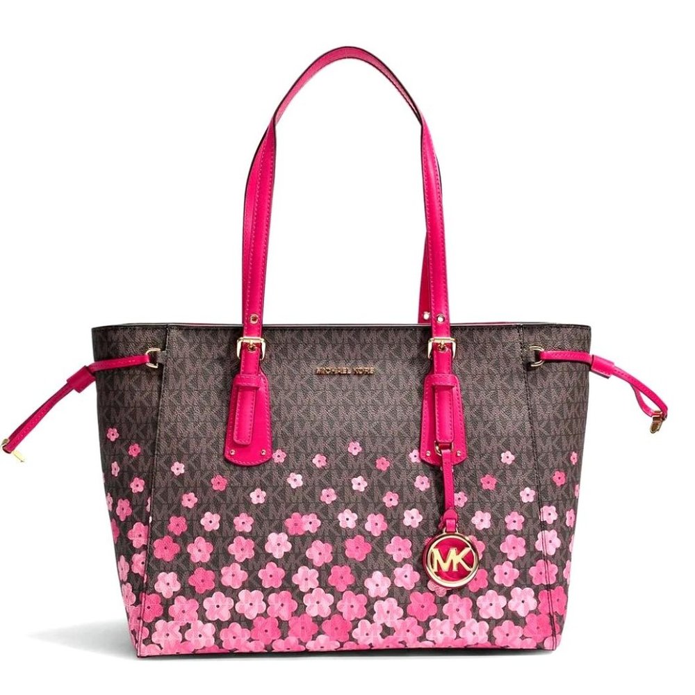 Michael Kors Voyager East West Brown Monogrammed Canvas  Pink Flowers